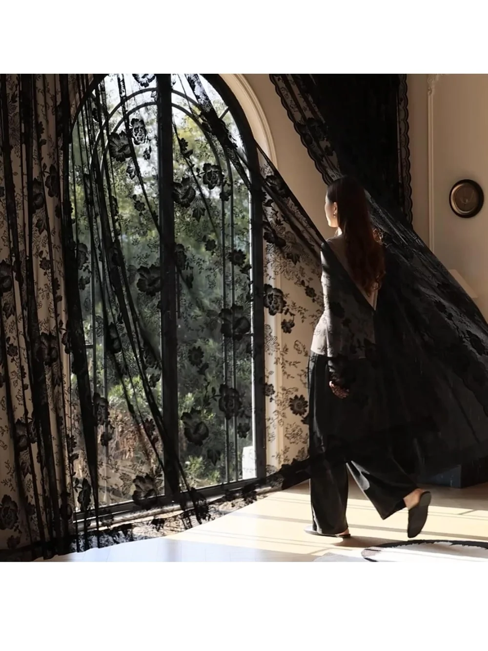 Sheer Lace Black Window Curtain Panels - Elegant Home Accents